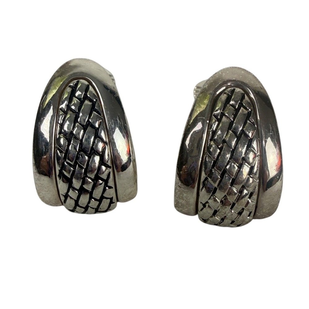 Monet Silver Tone Basket Weave Textured Clip On J-Hoop Earrings Vtg Statement